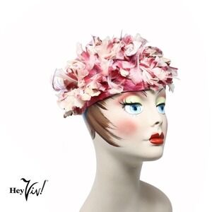 Vintage Silk Flower and Fine Feather Hat Pink White Fuchsia Floral Net - Hey Viv